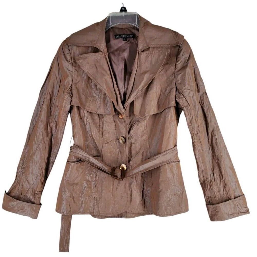 Lafayette 148 Blazer Trench Jacket Metallic Brown Womens 4 Belted Lightweight